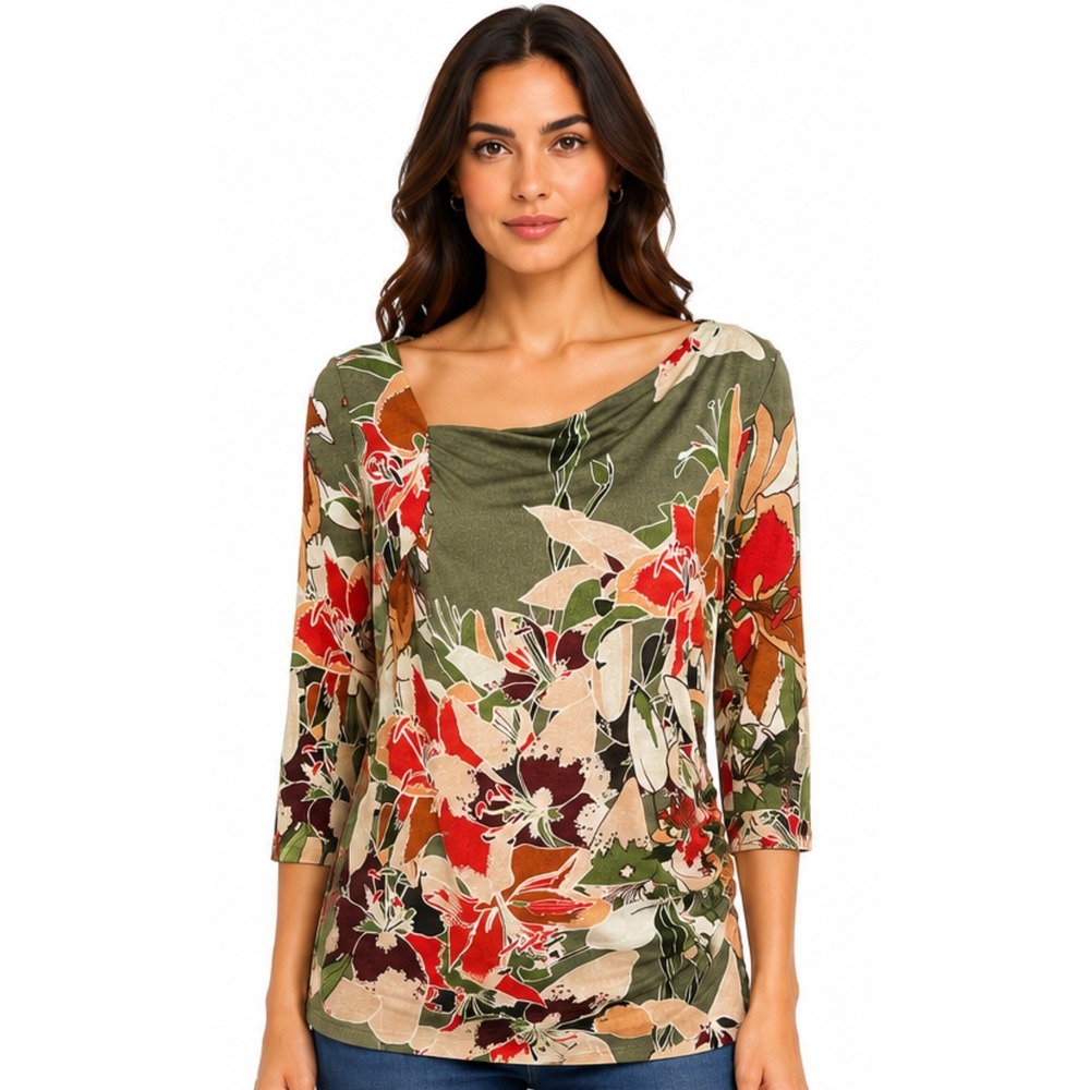 Jennifer Lopez New Tropical Floral Tunic XS Olive Asymmetrical‎ Neck 3/4 Sleeve